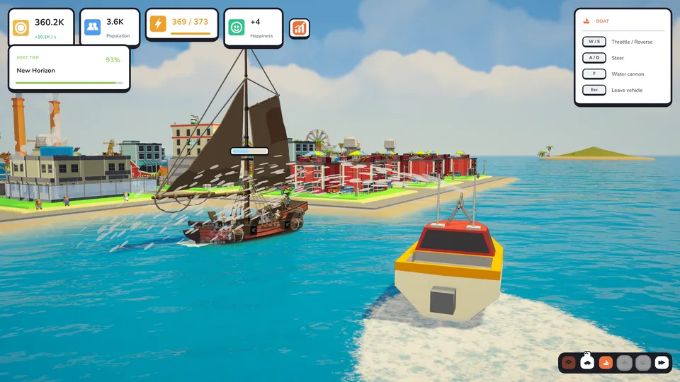 The fireboat hosing a pirate ship with its water cannon, with the game's interface