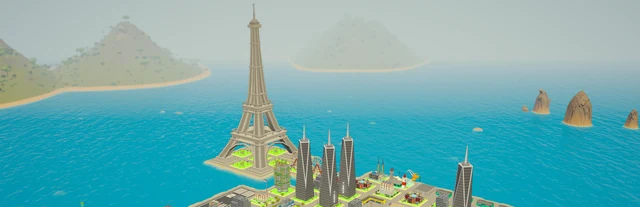 Wide key art: the city skyline and its landmark on the open sea