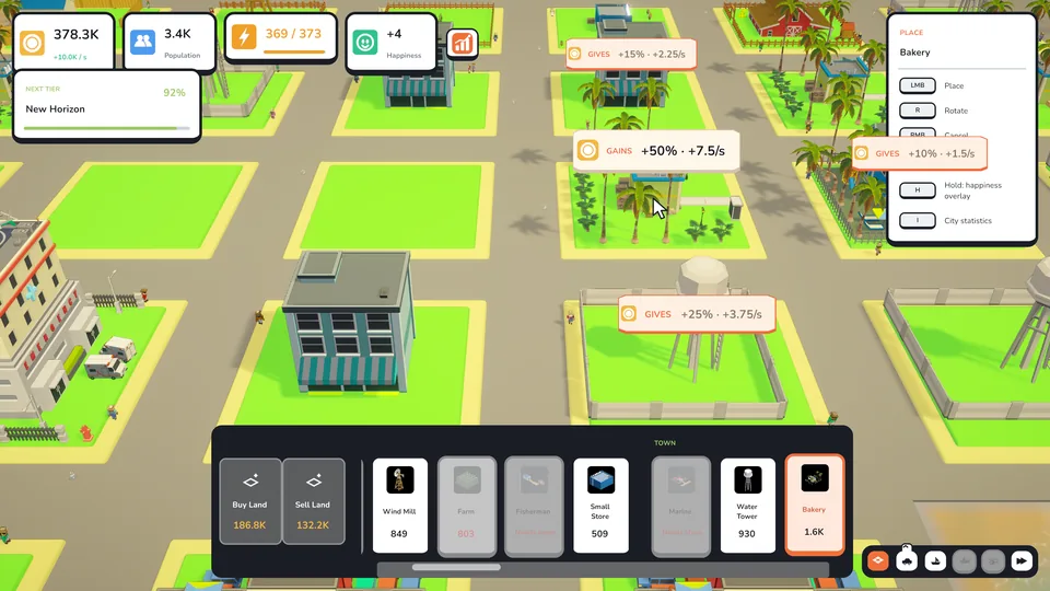 Placing a Bakery from the build bar, with adjacency badges on its neighbours