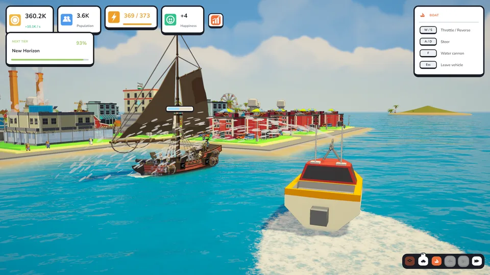 The player's fireboat hosing a wooden pirate ship with its water cannon, with the game's interface