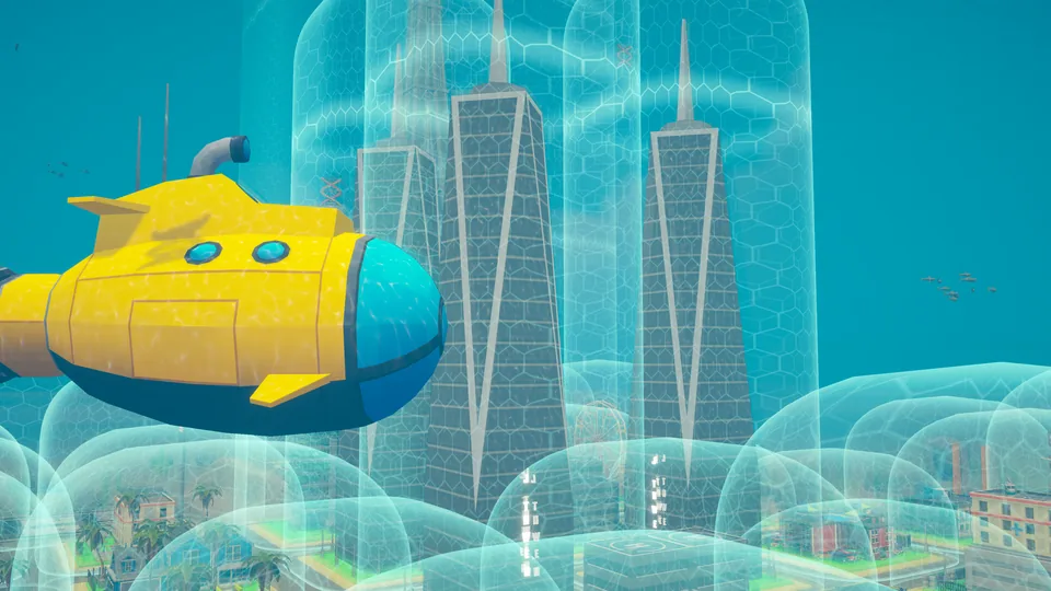 A yellow submarine between flooded towers under the shield domes
